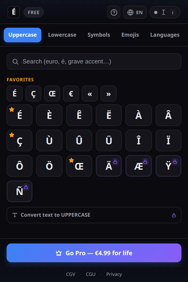The Copier Accent popup: accented capitals, search and favorites