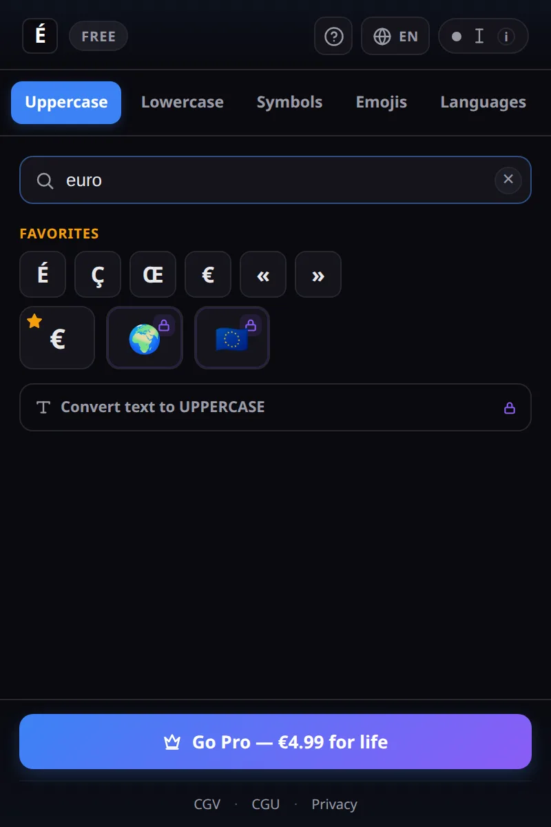 Searching “euro” in the popup